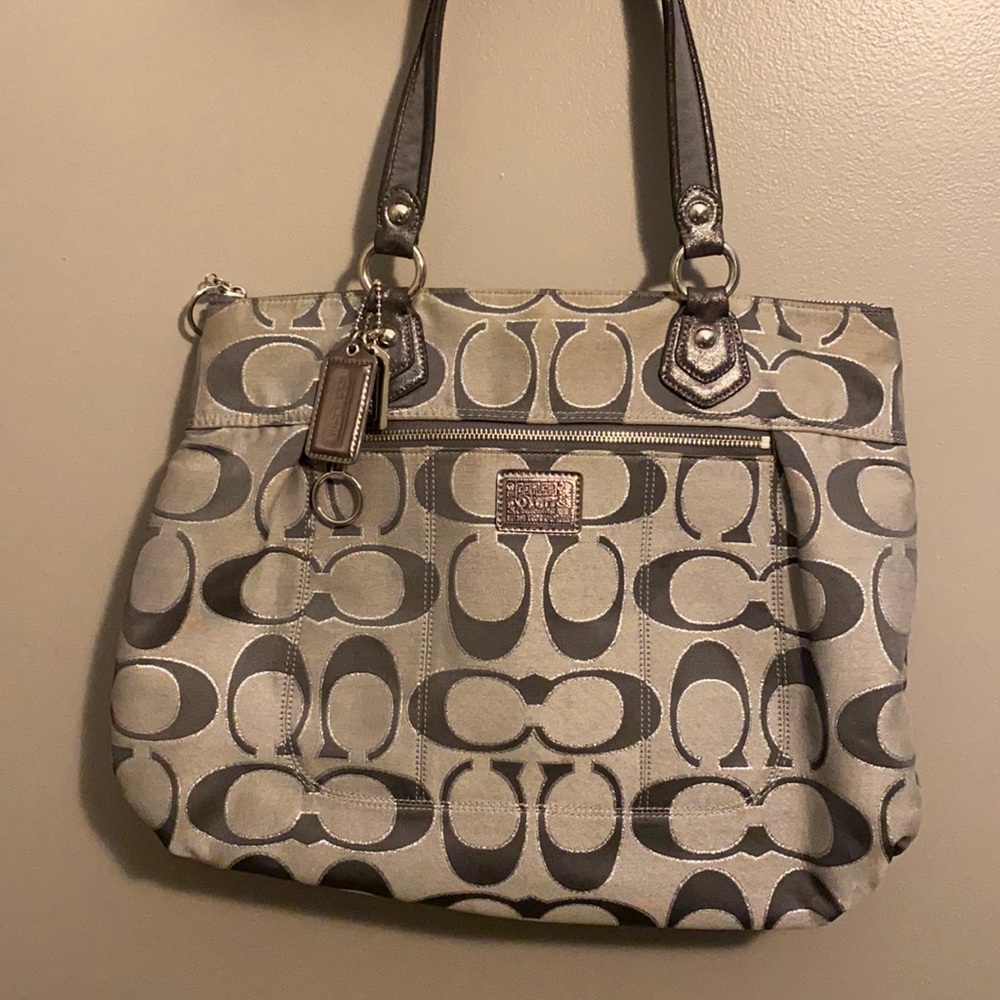 Gray and silver shimmer coach shoulder bag